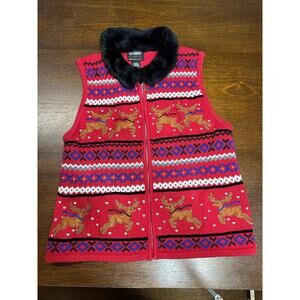 Christmas Knit Ugly Sweater Vest Women Medium Faux Fur Party Reindeer Holiday